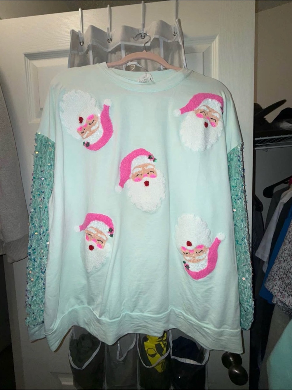 BiBi Mint Pullover Sweater with Pink Santa Faces & Sequin Aqua Sleeves